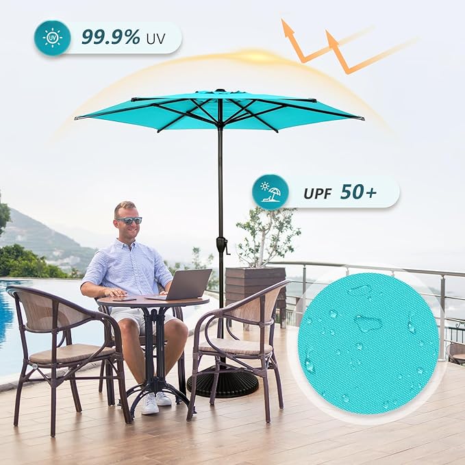 Abba Patio 7.5FT Lyon Outdoor Patio Umbrella Outdoor Table Umbrella with Push Button Tilt and Crank Market Umbrella 6 Sturdy Ribs UV Protection Waterproof for Garden Deck Backyard Pool Light Blue