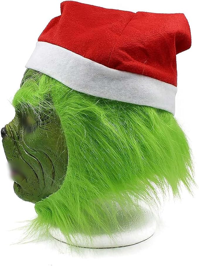 Green Monster Mask Halloween Costume Cosplay Mask Green Latex Scary Full Head Mask Santa Hat Party Prop Christmas Decorations