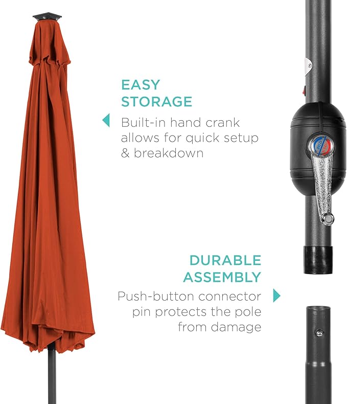 Best Choice Products 10ft Solar Polyester LED Lighted Patio Umbrella w/Tilt Adjustment and UV-Resistant Fabric - Rust