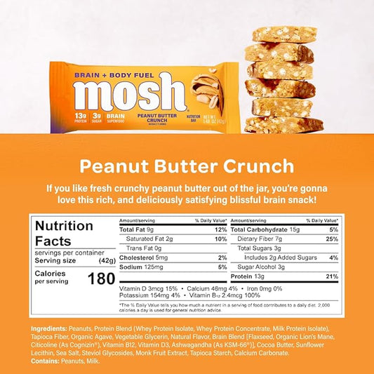 MOSH Variety Pack Keto Protein Bars, High Fiber, Low Carb, Gluten Free, High Protein, Brain Healthy Snack with Ashwagandha, Lion's Mane, 15 Count