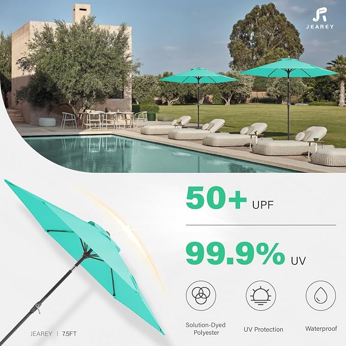 JEAREY 7.5FT Patio Umbrella Market Table Umbrella with 6 Sturdy Ribs, Push Button Tilt/Crank Outdoor Umbrella for Garden, Deck, Backyard, Pool and Beach,Aqua Sky