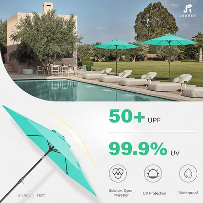 JEAREY 7.5FT Patio Umbrella Market Table Umbrella with 6 Sturdy Ribs, Push Button Tilt/Crank Outdoor Umbrella for Garden, Deck, Backyard, Pool and Beach,Aqua Sky