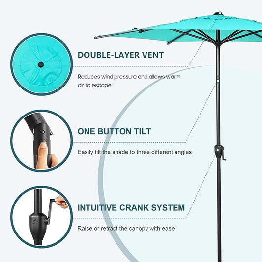 Abba Patio 7.5FT Lyon Outdoor Patio Umbrella Outdoor Table Umbrella with Push Button Tilt and Crank Market Umbrella 6 Sturdy Ribs UV Protection Waterproof for Garden Deck Backyard Pool Light Blue
