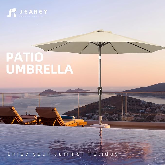 JEAREY 9FT Outdoor Patio Umbrella Outdoor Table Umbrella with Push Button Tilt and Crank, Market Umbrella 8 Sturdy Ribs UV Protection Waterproof for Garden, Deck, Backyard, Pool (Ochre)