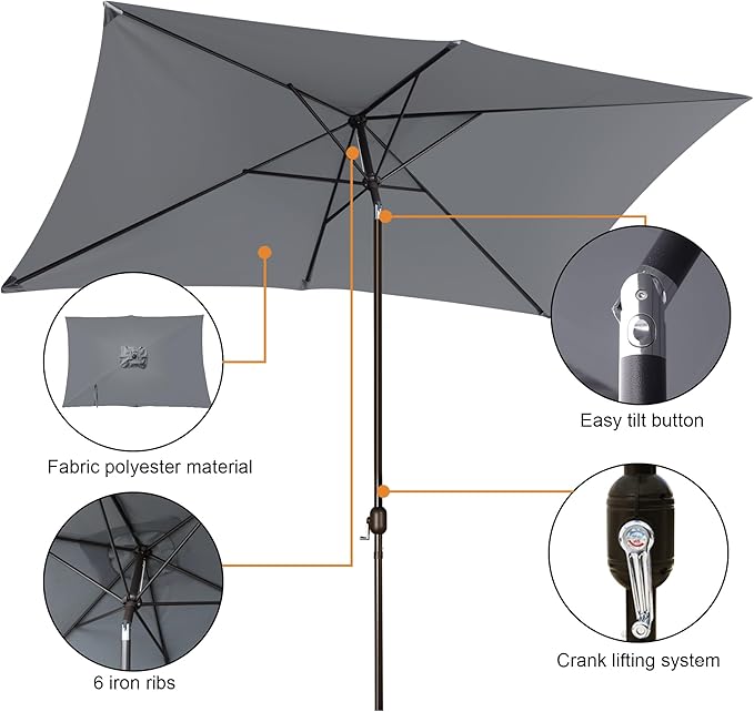 Blissun Rectangular Patio Umbrella, Table Market Umbrella with Tilt and Crank, Outdoor Umbrella for Garden, Deck, Backyard, Pool and Beach