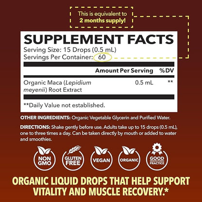 Organic Maca Root Drops Liquid - Supports Endurance, Mood, and Performance in Men & Women - Black Maca to Promote Overall Health & Support Fertility - Alcohol Free, Non-GMO, Vegan, Unflavored, 30mL