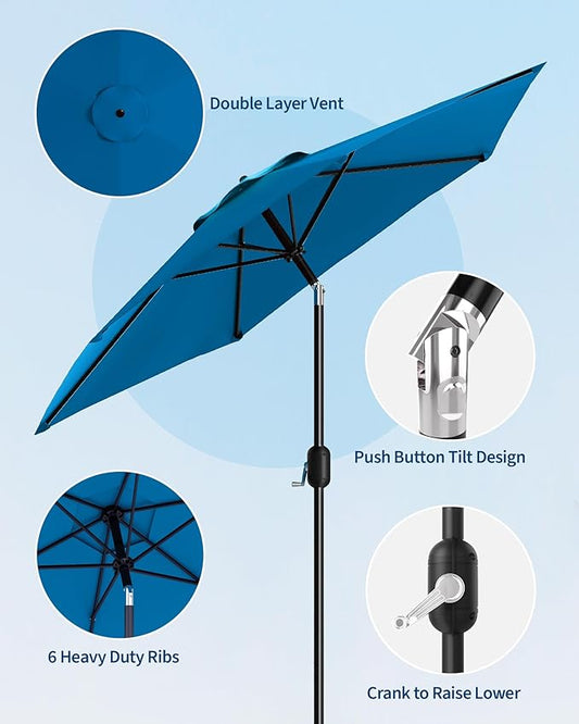 7.5FT Patio Umbrella Outdoor, Market Umbrella, Table Umbrella with Push Button Tilt and Crank, 6 Sturdy Ribs UV Protection Waterproof for Garden, Pool, Deck, Backyard (Turquoise Blue)