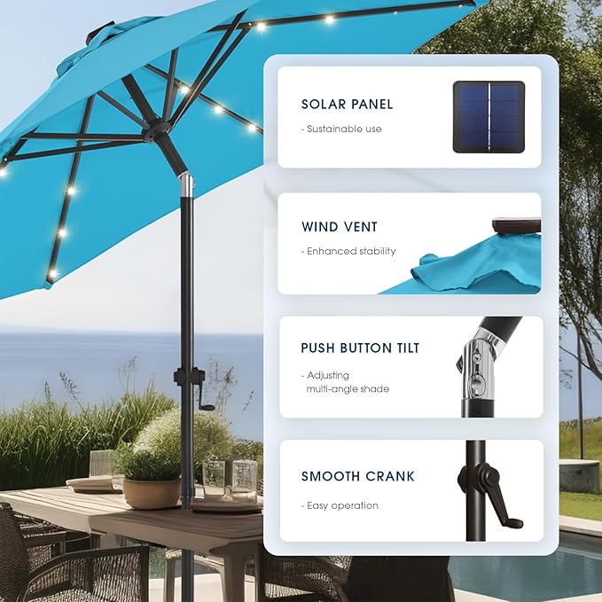 wikiwiki 7.5ft Solar Led Patio Umbrella, Sturdy Outdoor Market Umbrella for Deck, Pool, Garden w/Tilt, Crank, 18 LED Lights, Sky Blue