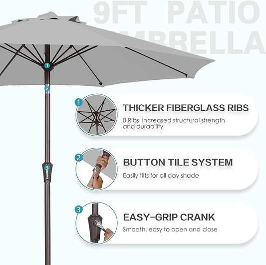 PatioKingdom 9FT Patio Outdoor Umbrella-UPF 50+ Sun Shade with Wind Vent, Push-Button Tilt & Smooth Crank Lift, Rust-Resistant Fiberglass Frame for Garden, Backyard,Yard