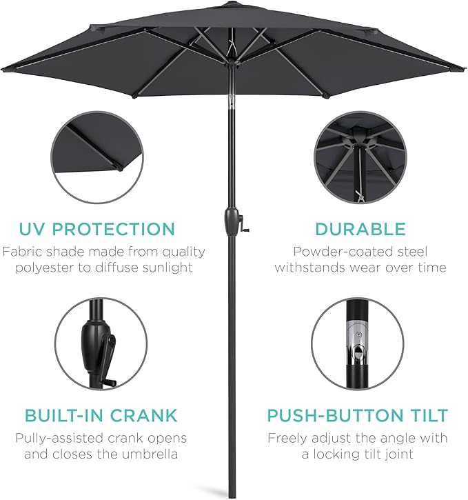 Best Choice Products 7.5ft Heavy-Duty Round Outdoor Market Table Patio Umbrella w/Steel Pole, Push Button Tilt, Easy Crank Lift - Black