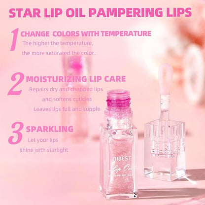 Magic Color Changing Lip Glow, Nourishing Lip Glow Oil Non-Sticky Primer With Large Applicator Brush (Pink)