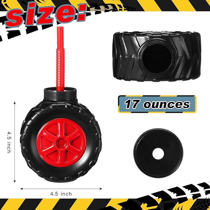 Mifoci 12 Pack Monster Truck Cups Set 17 oz Truck Tire Plastic Cup with Straw for Kids Construction Birthday Party Supplies Decoration
