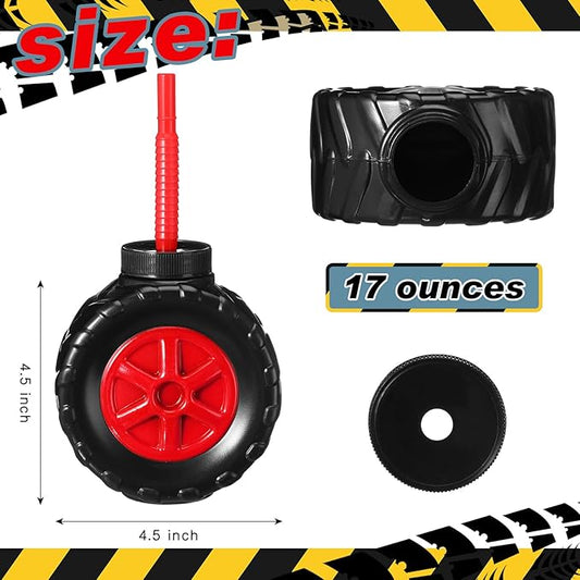Mifoci 12 Pack Monster Truck Cups Set 17 oz Truck Tire Plastic Cup with Straw for Kids Construction Birthday Party Supplies Decoration