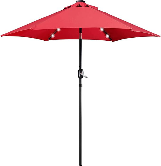 Yaheetech 7.5FT Solar Powered Patio Umbrella - UV Protection Market Table Umbrella w/18 LED Lights & Push Button Tilt & Crank Lift System for Garden/Lawn/Deck/Backyard/Pool,Red