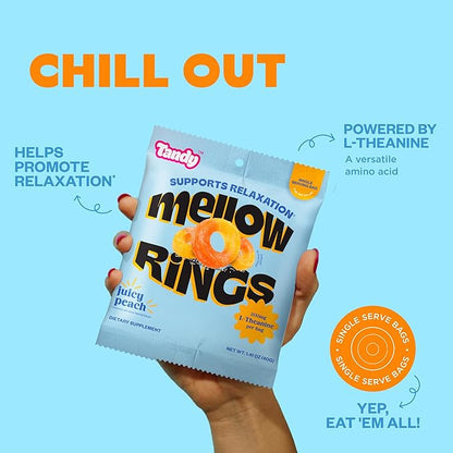 Tandy Mellow Rings L-Theanine Gummies I Relaxation Gummies with Juicy Peach Flavor I Calming Gummies for Adults I Gluten-Free Fast-Acting Dietary Supplement Gummy I 6-Pack