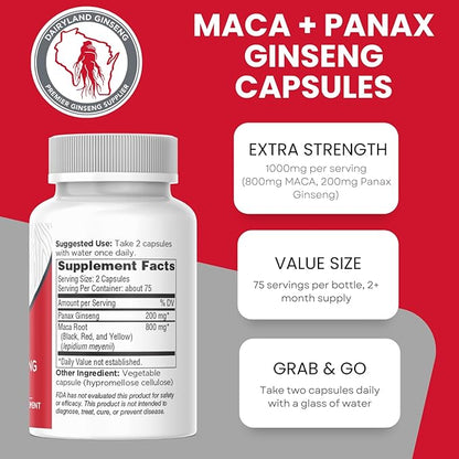 Maca Root Capsules + Korean Panax Ginseng - Concentrated Extract Black + Red + Yellow Maca Root, Panax Ginseng Capsules 150 ct