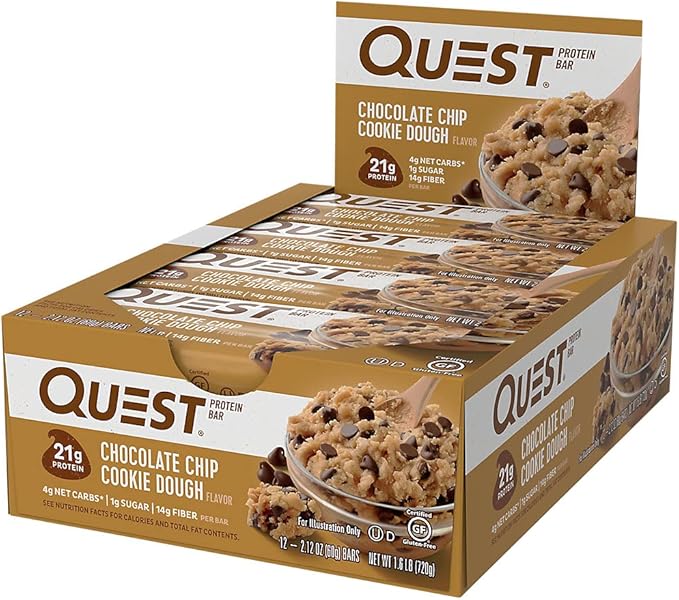 Quest Nutrition Chocolate Chip Dough Cookie Protein Bars, 21g Protein, 1g Sugar, 4g Net Carb, Gluten Free, Keto Friendy, 12 Count