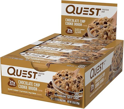Quest Nutrition Chocolate Chip Dough Cookie Protein Bars, 21g Protein, 1g Sugar, 4g Net Carb, Gluten Free, Keto Friendy, 12 Count