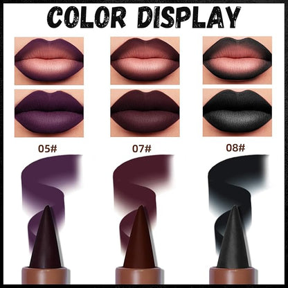 3 Colors 2 in 1 Gothic Lip Liner Set, Matte Purple Dark Red Black Lip Liner Plumping Smooth Creamy Lip Pencil, High Pigmented Long lasting Lip Stain Lipstick Goth Halloween Makeup, 05+07+08