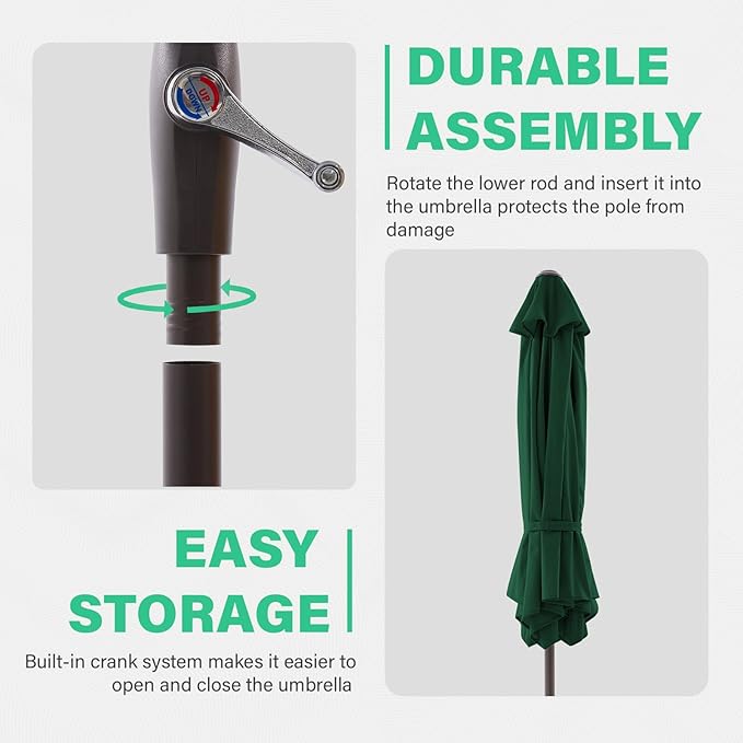 JEAREY 7.5FT Patio Umbrella Market Table Umbrella with 6 Sturdy Ribs, Push Button Tilt/Crank Outdoor Umbrella for Garden, Deck, Backyard, Pool and Beach,Dark Green