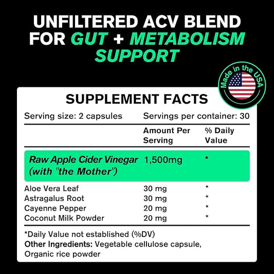 Organic Apple Cider Vinegar Capsules with The Mother - Energy Help Plus Heart, Gut, and Immune Health Support - Gluten Free, Dairy Free - Raw Probiotic and Prebiotic - Vegan ACV, Astragalus Root