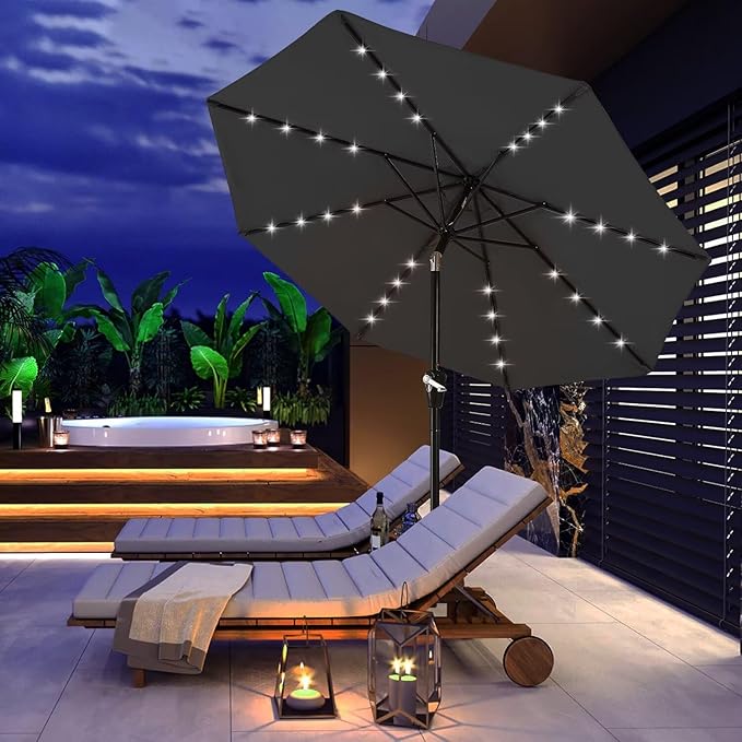 ABCCANOPY Durable Solar Led Patio Umbrellas with 32LED Lights 9FT (Dark Gray)