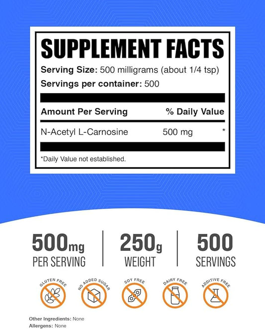 BulkSupplements.com N-Acetyl L-Carnosine Powder - Carnosine Supplement, N-Acetyl Carnosine 500mg - Gluten Free, 500mg per Serving, 250g (8.8 oz) (Pack of 1)