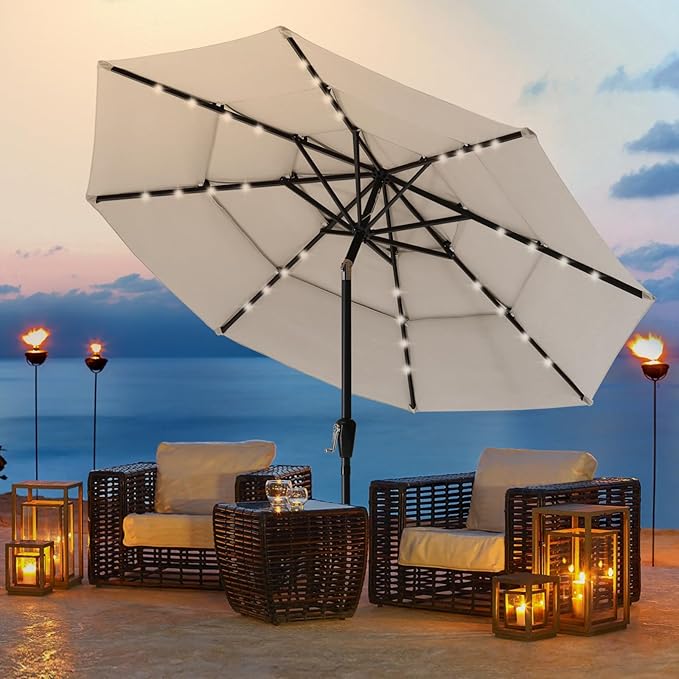ABCCANOPY Solar Led Patio Umbrellas 3-Tiers 11FT (Light Beige)