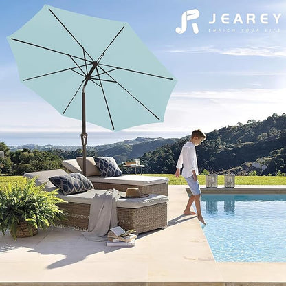 JEAREY 9FT Outdoor Patio Umbrella Outdoor Table Umbrella with Push Button Tilt and Crank, Market Umbrella 8 Sturdy Ribs UV Protection Waterproof for Garden, Deck, Backyard, Pool (Light Blue)