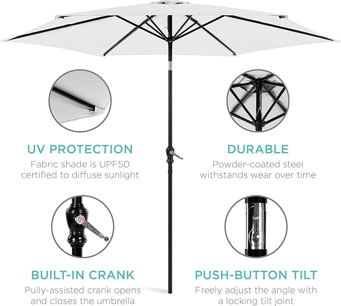 Best Choice Products 10ft Outdoor Steel Polyester Market Patio Umbrella w/Crank, Easy Push Button, Tilt, Table Compatible - White