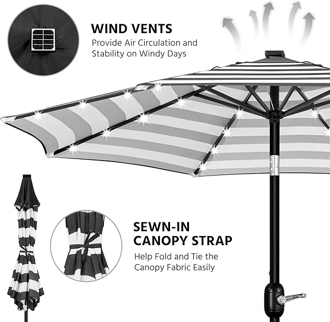 Yaheetech 9FT Solar Patio Umbrella 32 LED Lighted Table Umbrella with 8 Ribs/Tilt & Crank Lift System for Garden/Lawn/Deck/Backyard/Pool, Black/White