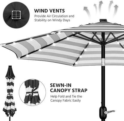 Yaheetech 9FT Solar Patio Umbrella 32 LED Lighted Table Umbrella with 8 Ribs/Tilt & Crank Lift System for Garden/Lawn/Deck/Backyard/Pool, Black/White
