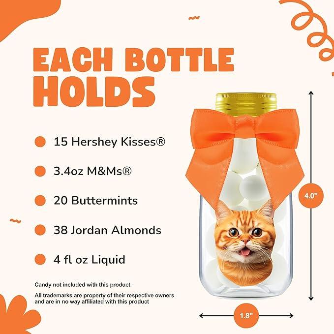 Small 12 Pack Cat Party Favors - DIY Candy Jars with Ribbons and Stickers - Kitty Decoration Bottles for Birthday and School Classroom Kids - Kawaii Treat Table Centerpiece for Boys and Girls