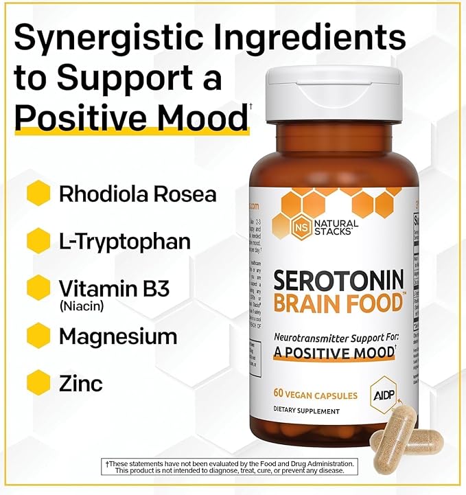 NATURAL STACKS Serotonin Brain Food - L-Tryptophan & Rhodiola Rosea - Mood Support Supplement - Promotes Positive Mood, Calmness, Stress Relief - Brain Support Supplement - 120 Capsules
