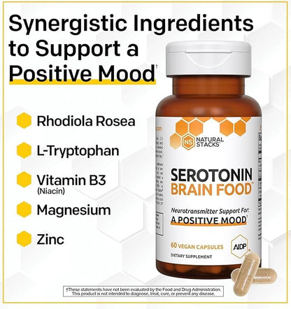 NATURAL STACKS Serotonin Brain Food - L-Tryptophan & Rhodiola Rosea - Mood Support Supplement - Promotes Positive Mood, Calmness, Stress Relief - Brain Support Supplement - 120 Capsules