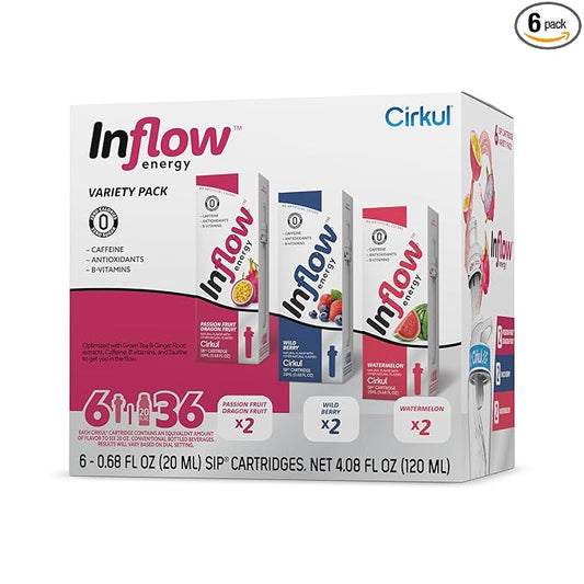 Cirkul Inflow Energy Flavor Cartridge Variety Pack with Caffeine, 6-Pack (2 Passion Fruit Dragon Fruit, 2 Wild Berry, 2 Watermelon)