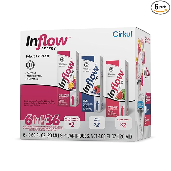 Cirkul Inflow Energy Flavor Cartridge Variety Pack with Caffeine, 6-Pack (2 Passion Fruit Dragon Fruit, 2 Wild Berry, 2 Watermelon)