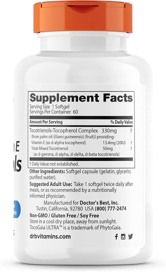 Doctor's Best Vitamin E Tocotrienols contains TocoGaia ULTRA™ bioenhanced full spectrum vitamin E complex, 60 Count