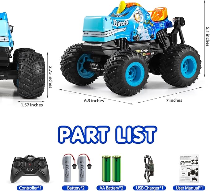 DYODYORC Remote Control Car, 2.4Ghz All Terrain Pony Monster Truck Toys, RC Truck with Music, 3 Lighting Effects, 360 Stunt Capable, All Included Ready to Run, Toy Gifts for Boys and Girls (Blue)