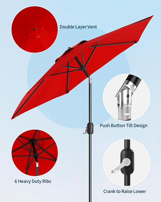 7.5FT Patio Umbrella Outdoor, Market Umbrella, Table Umbrella with Push Button Tilt and Crank, 6 Sturdy Ribs UV Protection Waterproof for Garden, Pool, Deck, Backyard (Red)