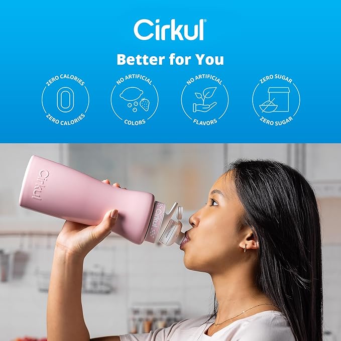 Cirkul 32oz. Blush Pink Stainless Steel Water Bottle Starter Kit with Pink Lid and 2 Flavor Cartridges (1 LifeSip Strawberry, 1 GoSip Passion Fruit Dragon Fruit) Zero Calories and No Sugar