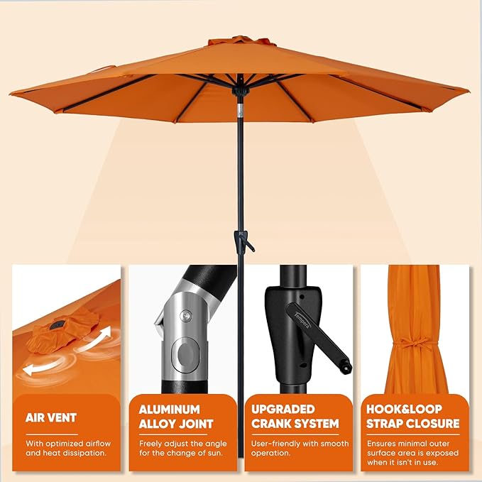 Tempera Patio Market Outdoor Table Umbrella with Push Button Tilt and Crank,Large Sun Umbrella with Sturdy Pole&Fade resistant canopy,Easy to set