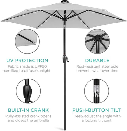 Best Choice Products 7.5ft Outdoor Solar Market Table Patio Umbrella for Deck, Pool w/Tilt, Crank, LED Lights - Fog Grey