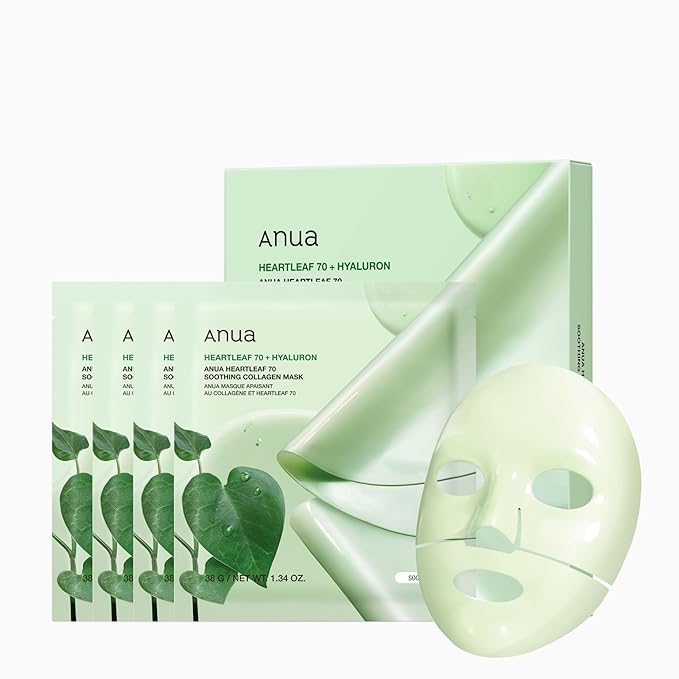 ANUA Heartleaf 70 Soothing Collagen Mask, Overnight Face Mask for Glass Skin, hyaluronic acid, Collagen, Soothing & hydration Facial Mask for Sensitive Skin, Natural Color, Korean Skin Care (38g, 4ea)
