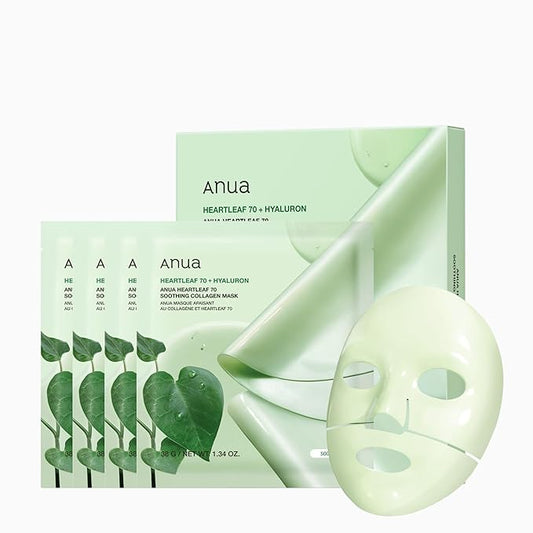 ANUA Heartleaf 70 Soothing Collagen Mask, Overnight Face Mask for Glass Skin, hyaluronic acid, Collagen, Soothing & hydration Facial Mask for Sensitive Skin, Natural Color, Korean Skin Care (38g, 4ea)