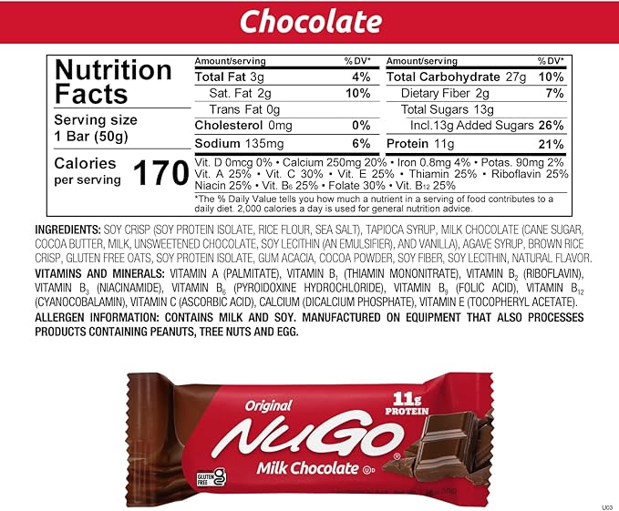NuGo Original Variety, Vanilla Yogurt 15 bars & Chocolate 15 bars, 11g Protein, Gluten Free, 30 Count