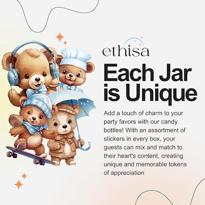 Small 12 Pack We Can Bearly Wait Party Favors for Boy - Candy Jars with Bowties and Stickers - DIY Party Decoration Bottles for Baby Shower and Gender Reveal - Blue Teddy Bear Table Centerpiece