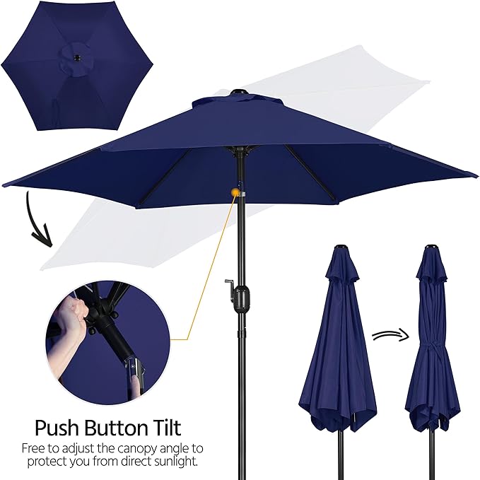 Yaheetech 7.5FT Patio Umbrella Outdoor Table Umbrella Canopy Market Umbrella with Push Button Tilt & Crank for Garden/Lawn/Deck/Backyard/Pool, 6 Ribs, Navy Blue