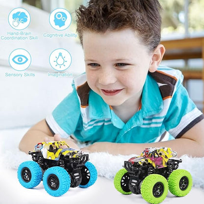 M SANMERSEN Monster Truck Toys for Ages 2-4, Friction Cars for Toddlers 1-3 Push and Go 360° Rotating Stunt Car for 2+ Year Old Boys Girls Gifts (2 Pack - Blue and Green)