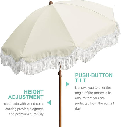 AMMSUN 6.5ft Boho Outdoor Umbrella with Fringe, UPF 50+ Picnic Umbrella with Tassels, Premium Steel Pole and Push Button Tilt, Light Beige